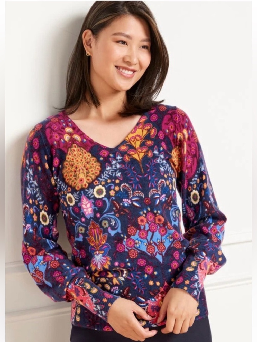 Talbots Plus 100% Cashmere Floral V Neck Balloon Sleeve Sweater - Size 1X